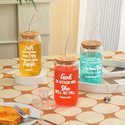 Tioncy 8 Pcs Christian Gifts for Women 16oz Bible Verse Coffee Drinking Glass Cups with Bamboo Lids Straws Brushes Inspirational Religious Gifts for Church Christian Party Favor - style: Bible