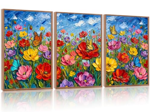 CHDITB 3D Textured Poppy Floral Wall Art,Butterfly Wildflower Country Decor - color: 3d Colorful Wildflower Wall Art (Large), size: 24"L x 36"W