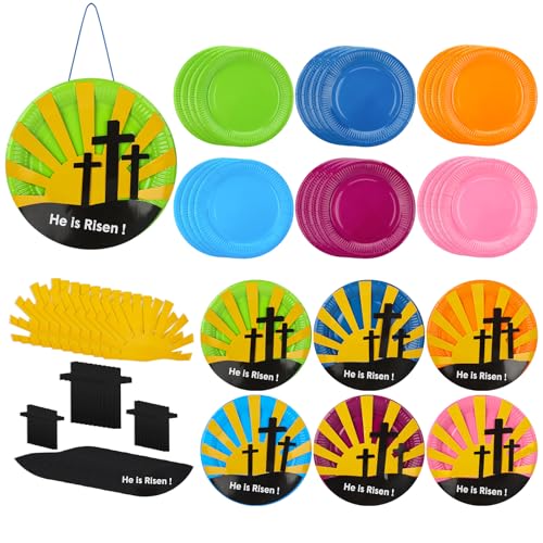 Lunmon 24 Sets Easter Crafts for Kids Bulk Resurrection Paper Plates Crafts Kit with He is Risen Colorful Paper DIY Easter Plates for Family Sunday School Classroom Activity - color: Cross