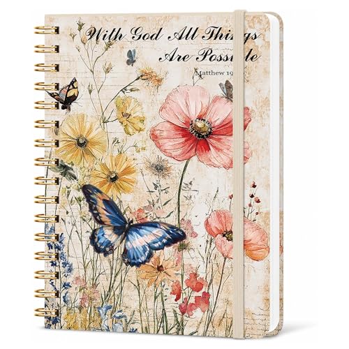 Christian Butterfly Lined Spiral Notebook, Pretty Hardcover Journal 6'' x 8.4'', Bible Verse Floral Notebook for Women, Writing Gift - color: floral-06
