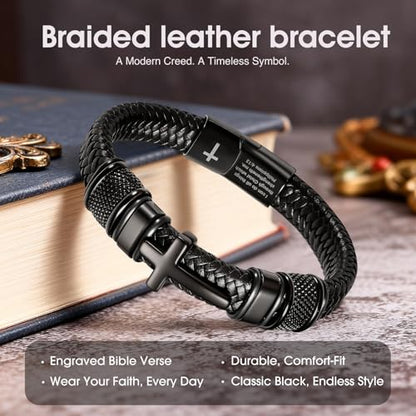 Mens Christian Bracelet, Cross Bracelet for Men, Gifts for Husband Dad Boyfriend Son, Engraved Bible Verse Jewelry, Stainless Steel Silver Cross, Black Braided Leather Bracelets