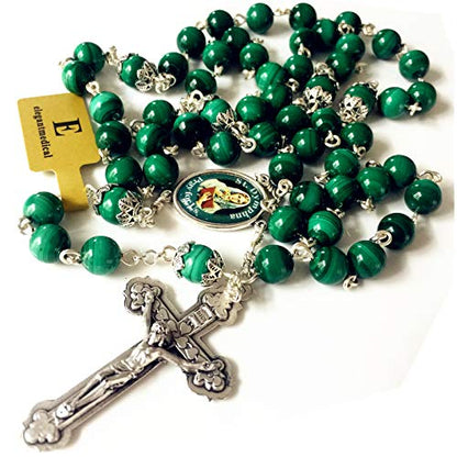 elegantmedical Handmade UNDOUBTED Malachite 8MM Beads St.Dymphna Rosary Cross/Crucifix Necklace Box Catholic Womens Gift