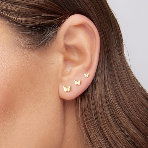 LLWOM 3 Pairs Tiny Flat Back Earrings, Hypoallergenic 14K Real Gold Plated Helix Cartilage Earrings Post Studs Jewelry for Women Gift - color: Gold-Butterfly