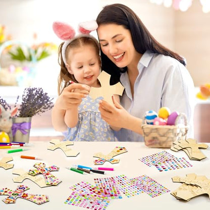 PLUVAVA 36 Sets Wood Cross Crafts DIY Wooden Cross for Christian Jesus Sunday School Vacation Bible School Crafts Supplies with 14 Pieces Stickers and 24 Pieces Watercolor Pens (Exquisite Style) - size: ExquisiteStyle