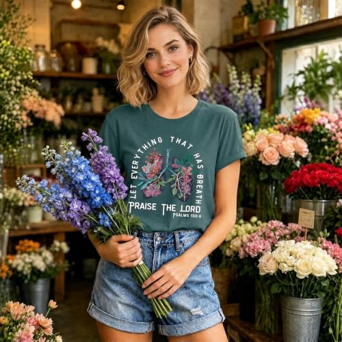 Christian Shirts for Women Vintage Bible Verse T Shirts Boho Floral Jesus Shirt Wildflowers Graphic Tees Tops - color: Dark Green, size: X-Large