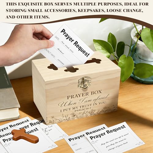 Prayer Box with Slot,100 Catholic Prayer Request Cards-Pen and Cross Jewelry Gifts,Used for Daily in Church Worship and Religious Devotions,Christian First Communion Gifts. (100)
