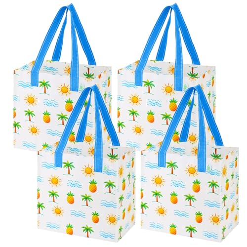 VENO 4 Pack Large Grocery Bag Reusable Shopping Bags with Hard Bottom - color: Tropical Island
