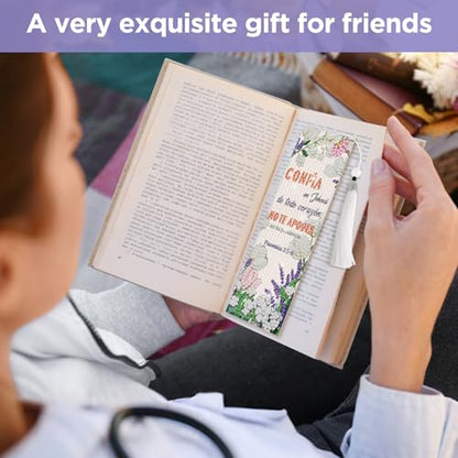 8 Pieces Christian Bible Verse Diamond Art Bookmarks 5d Christian Beaded Bookmark Acrylic Tassel Bookmark for DIY Making Beginners Adults Arts Craft Supplies (Spanish) - color: Spanish