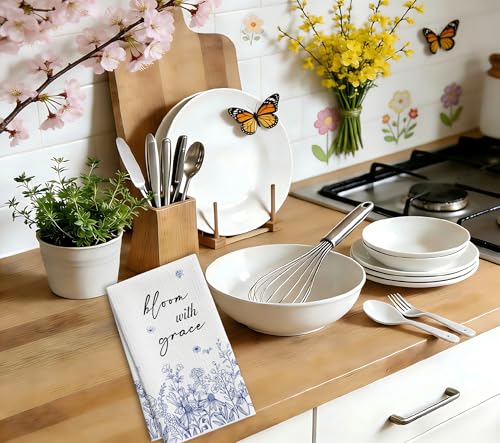Wildflower Tea Towels For Kitchen, Bloom With Grace Blue Floral Towel, 05 - color: Blue
