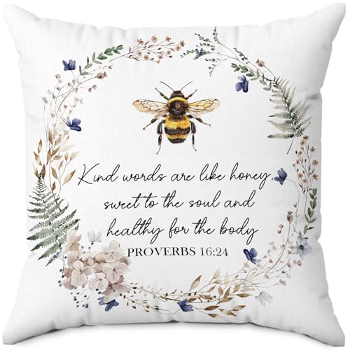 Christian Bee Pillow Cover 18x18 Inch, Bumble Bee Flower Wreath Throw Pillow Cover Decor, Religious Bible Verse Decorative Pillowcase for Home Living Room Bedroom - color: Bee