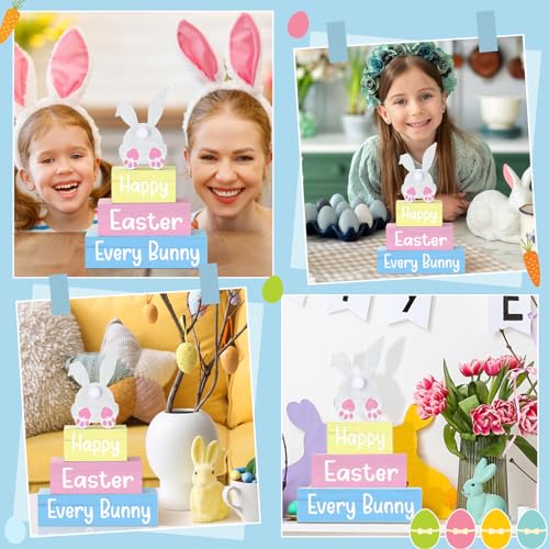 4 Pcs Easter Table Decoration Happy Easter Every Bunny Wooden Block Sign Pastel Bunny Centerpiece Spring Wood Blocks Tiered Tray Decor for Home Kitchen Tabletop Display - style: Bunny
