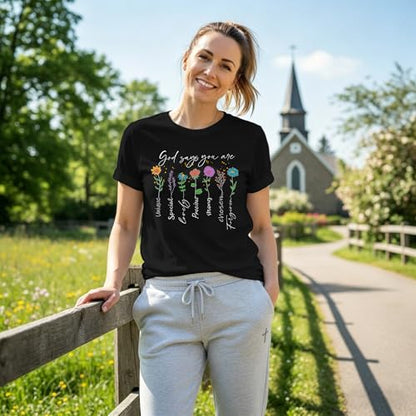 Womens Christian Shirt Bible Verse T-Shirt Religious Gifts Florial Tee Tops - color: Black, size: Large