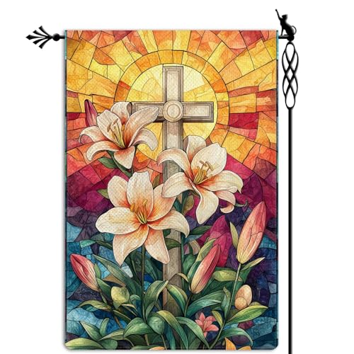 He is Risen Cross Garden Flag Stained Glass Style Spring Easter Garden Flag Lily Vertical Double Sided Rustic Farmland Burlap Yard Lawn Outdoor Decor 12.5x18" - color: He is Risen Cross #WQ318