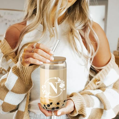 Birthday Gifts for Women, Monogrammed Initial Glass Cup Personalized Gifts for Women, 16oz Glass Cups with Lids and Straws, Iced Coffee Cup, Beer Can Shaped Glass - Gifts for Mothers Day, Christmas, N - style: N