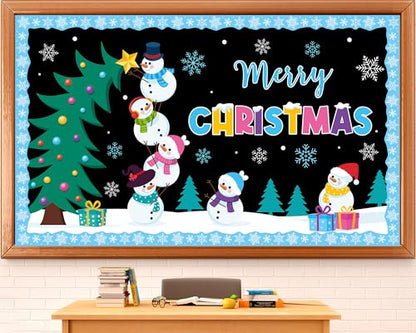 Winter Bulletin Board Decorations Merry Christmas Classroom Bulletin Board Set Snowman Tree Snowflakes Paper Cutouts for Winter Christmas Classroom Holiday School Office Home Wall Party Decor Supplies - style: Christmas Snowman