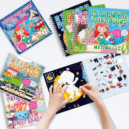 gisgfim 6 Pcs Paint by Sticker Books Sticker by Number Books Activity Book Sticker Puzzle Book Craft Art Gift with Mermaid Truck Outer Space Cat 48 Pictures Sticker by Number Book Set Party Favors - style: Cute Cartoon