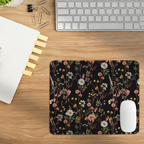 Vintage Dark Wildflower Mouse Pad, Boho Dried Floral Desk Mat, Aesthetic Black Background Flower Gaming Mousepad for Office Home Laptop, Cottagecore Desk Decor for Women,10.2x8.2Inch - color: Black Pink Flower