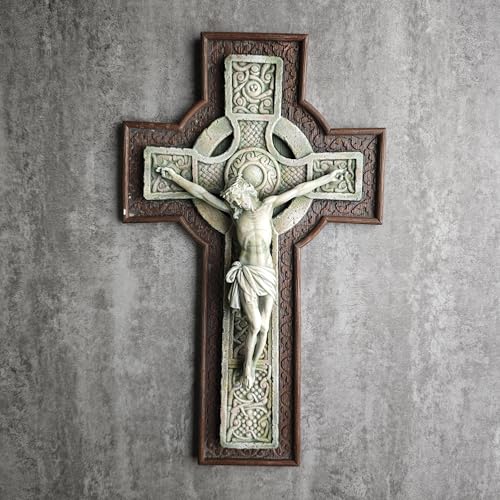 BC Catholic 12”H Crucifix Wall Cross, Celtic Cross for Indoor Garden, Catholic Gifts, Religious Home Decor,Wood Stone Carve Looking, Hand Painted by Buildclassic