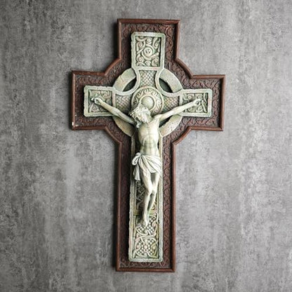 BC Catholic 12”H Crucifix Wall Cross, Celtic Cross for Indoor Garden, Catholic Gifts, Religious Home Decor,Wood Stone Carve Looking, Hand Painted by Buildclassic