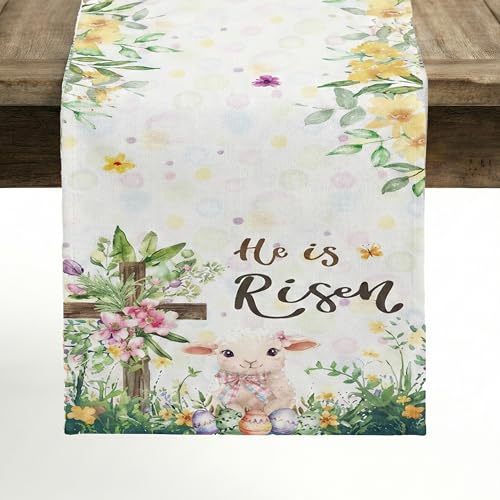 Easter Table Runner 13 x 72 Inch, He is Risen Religious Cross and Little Lamb Decor, Modern Farmhouse Spring Floral Kitchen Dining Table Runner for Holiday Party, Indoor Outdoor Decoration - style: He Is Risen Lamb