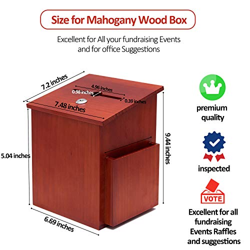 Wood Charity Donation collection Box Office suggestion Ballot Box With wide slot for envelopes and suggestion comment forms, side Pocket and Locking Hinged Lid & Pen for Table Or Counter-top(Mahogany) - color: Dark Mahogany