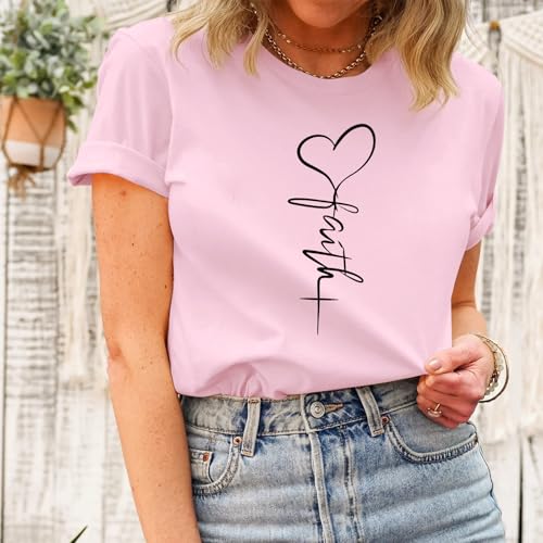 KIEKIECOO Faith Christian Shirts for Women Religious Crewneck Tshirts Cotton Graphic Tees Bible Verse Casual Summer Tops - color: Pink, size: Small