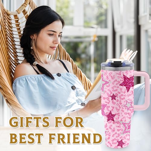 Pink Star 40oz Tumbler with Handle & Straw, Gifts for Women - color: Star-Pink