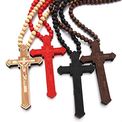 FORUBUS Wooden Cross Pendant Necklace - Wood Beads Cross Religion Necklace for Women Men Believer Prayer Baptism Jewelry - color: C red