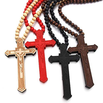 FORUBUS Wooden Cross Pendant Necklace - Wood Beads Cross Religion Necklace for Women Men Believer Prayer Baptism Jewelry - color: C wood