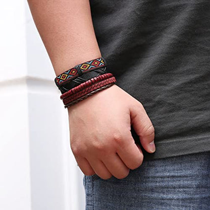 HZMAN Handmade Hemp Cords Wood Beads Leather Bracelets for Men Women - style: 2Pcs Leather Bracelets