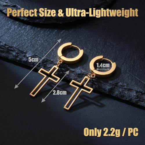 Gold Cross Earrings for Men - Stainless Steel Gold Plated | Hypoallergenic Dangle Cross Earrings Jewelry | Daily Wear & Birthday Gifts - color: Gold-Huggie