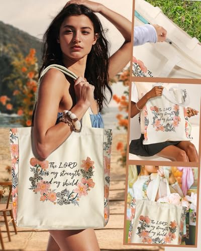Miss Adola Large Canvas Tote Bag for Women - with Zipper and Inner Pocket Aesthetic Cute Shoulder Bag for Shopping Daily - color: Flower Biblical Texts