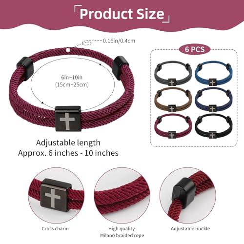 PineHaven 6 Pcs Braided Cross Bracelet for Men Women, Adjustable Christian Rope Cross Bracelet with Metal Knot Religious Gifts - color: deep color
