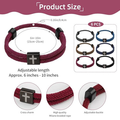 PineHaven 6 Pcs Braided Cross Bracelet for Men Women, Adjustable Christian Rope Cross Bracelet with Metal Knot Religious Gifts - color: deep color