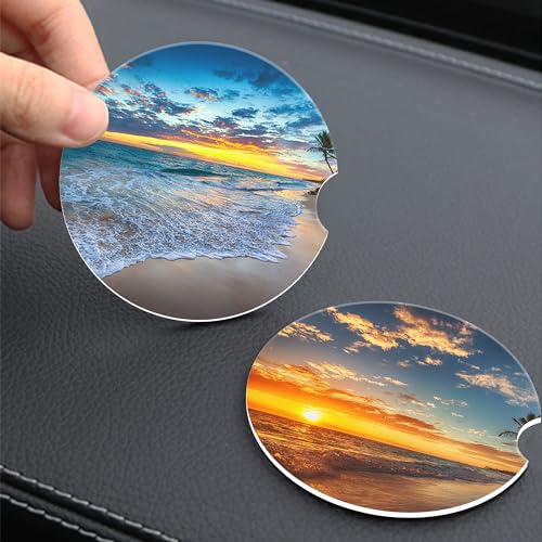 Sunrise on Tropical Beach Car Coaster for Cup Holders,Sunset Over Beach Palm Tree Car Cup Holder Coaster Ceramic Car Drink Coasters for Most Car Set of 2 Absorbent Auto Cup Holder 2.56" - color: Sunset Over Beach Palm Tree