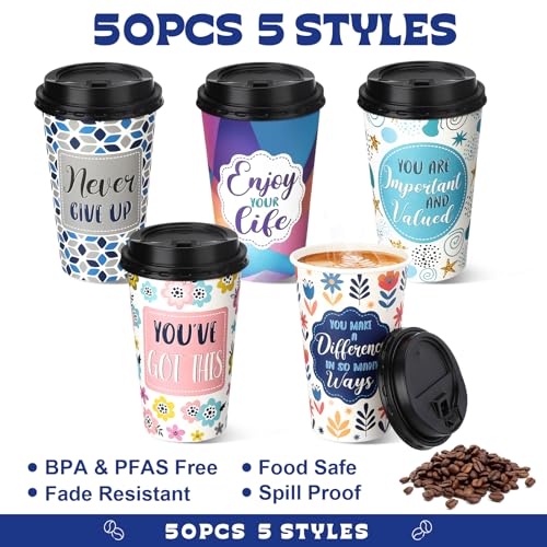 50 Pack 16 oz Disposable Coffee Cups with Lids Motivational - style: Motivational