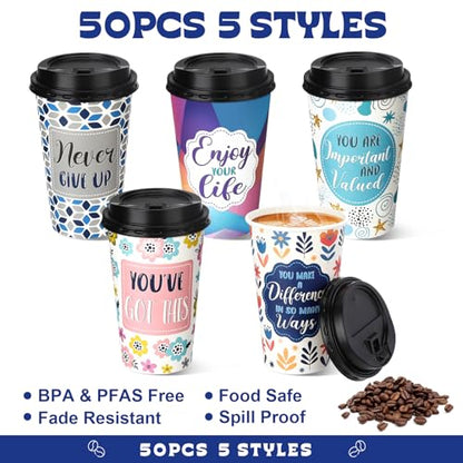 50 Pack 16 oz Disposable Coffee Cups with Lids Motivational - style: Motivational
