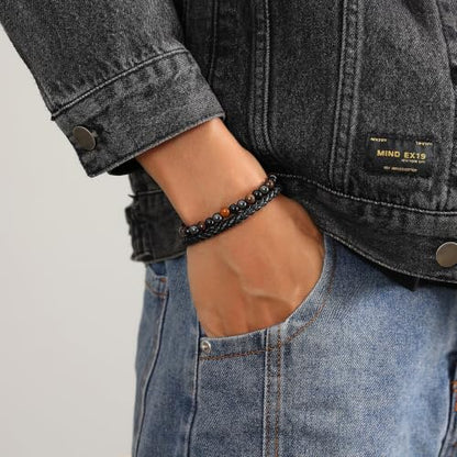 XIANNVXI Mens Tiger's Eye Beads Black Leather Bracelet Gift - color: Yellow, Gray, Black