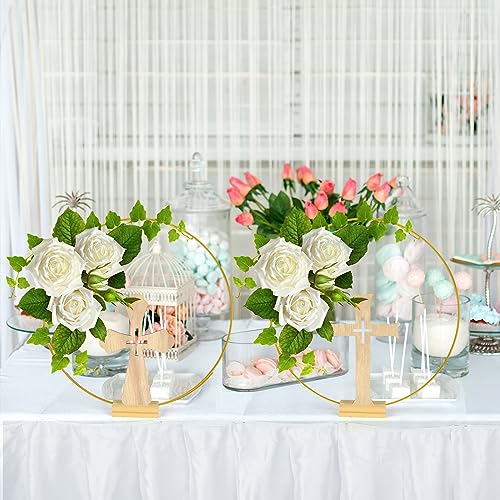 Mototo 48 Pcs Standing Wooden Cross Baptism Centerpieces Decor 16 Wooden Cross with Base 16 Gold Metal Floral Hoop with Wooden Stand Baptism Centerpiece Table Decor for Wedding Event Home Table