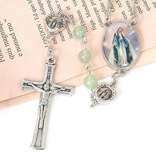 Nazareth Store Natural Stone Beads with Miraculous Epoxy Heart Metal Beads Rosary Necklace Gemstone Christian Gifts - color: Green Aventurine