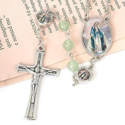 Nazareth Store Natural Stone Beads with Miraculous Epoxy Heart Metal Beads Rosary Necklace Gemstone Christian Gifts - color: Green Aventurine