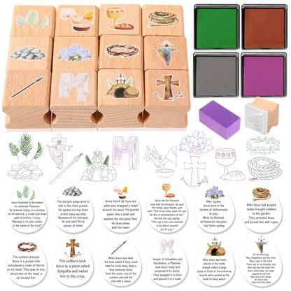 HOWAF Christian Easter Gifts Set, Include 12pcs Resurrection Eggs Stamps and 12 Religious Easter Story Cards for Resurrection Decoration, He is Riren Inking Stamps, Jesus Lives Story Rubber Stampers