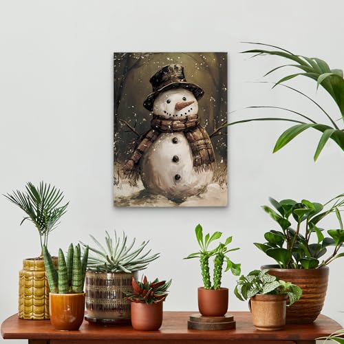 KSDUT Vintage Snowman Canvas Wall Art Decor - Retro Winter Holiday Xmas Artwork Canvas Frame Hanging Prints, Dark Moody Christmas Wall Decor for Home Farmhouse Bedroom Gallery Decorations 11"x14" - color: Christmas-1