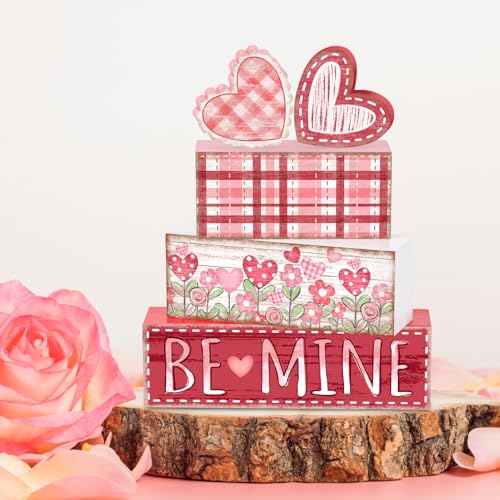 Britimes Tiered Tray Decor Set, 4 Pack, Wooden Table Sign, Valentine Flower - color: Valentine’s Day Pink Hearts