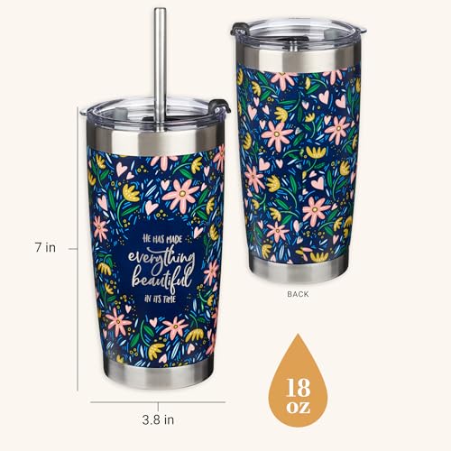 Christian Art Gifts Stainless Steel Double-Wall Vacuum Insulated Tumbler w/Straw & Lid 18 oz Navy Floral Inspirational Bible Verse Travel Mug for Women - Everything Beautiful - Ecc. 3:11 - color: Navy/Everything Beautiful