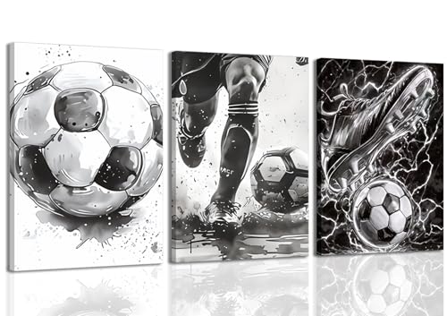CXQILVER Soccer Canvas Wall Art Set of 3, Black and White Football Sports Wall Decor Modern Sports Theme Poster Prints for Stadium Boys Room Locker Room Living Room Bedroom Home Decor 12x16in Framed - color: Black and white football, size: 16"L x 12"W