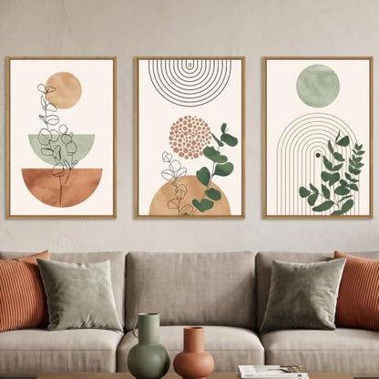 Boho Abstract Terracotta Green Framed Canvas Wall Art Set -24"x36"x3 - color: Boho Terracotta Wall Art, size: 24"L x 36"W