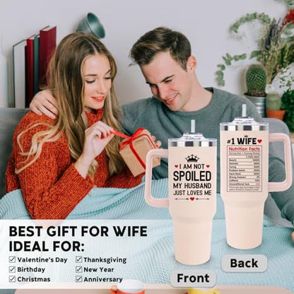 Mothers Day Gifts for Wife from Husband, Wedding Anniversary for Women Her, Wifey Birthday Gift On Christmas, Valentines Day - 40Oz Tumbler Cup With Handle And Straw - Wives Romantic Coffee Mug - color: Wife Pink