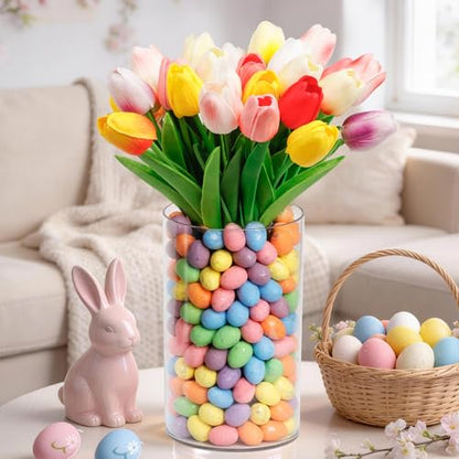 ALFEVA Easter Decorations-Vase in Vase 15pcs Artificial Tulips and Approx 150pcs Easter Eggs Filler, Easter Vaseset Ready to Display，Spring Decorations for Home Table - size: 4.7"/2.7" Vase with 15 Tulips & Eggs