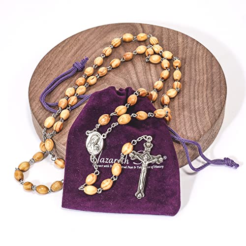 Nazareth Store Catholic Prayer Rosary Olive Wood Beads Necklace Holy Soil Medal & Metal Cross Velvet Gift Bag